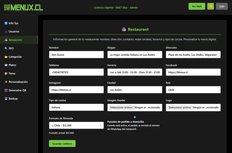 Panel de administración de Menux